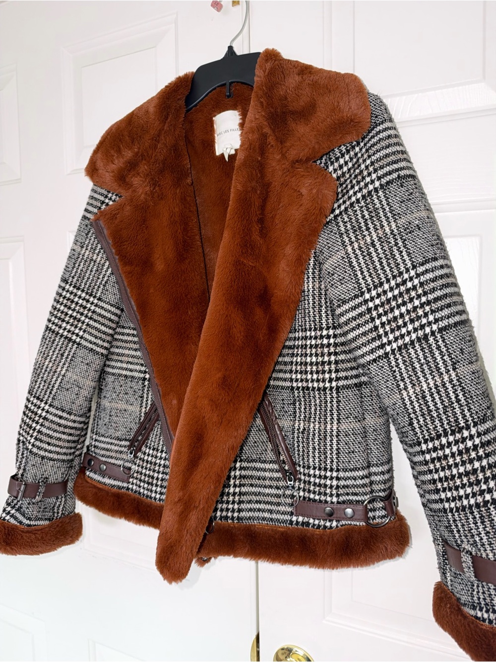 AVEC LES FILLES Plaid Faux Fur-Lined Jacket in Brown Trim